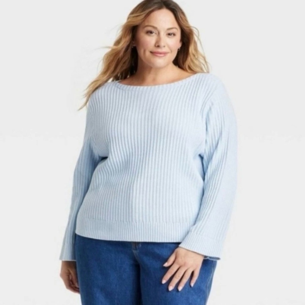 Ava & Viv Women’s Boatneck Knit Sweater Top Plus Size 3X Blue Flared‎ Sleeves